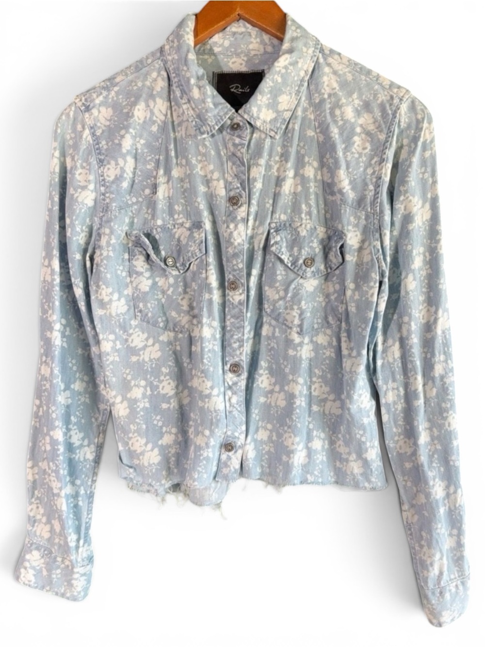 Rails Floral Chambray Cropped Button Front Shirt Blue‎ White Smal